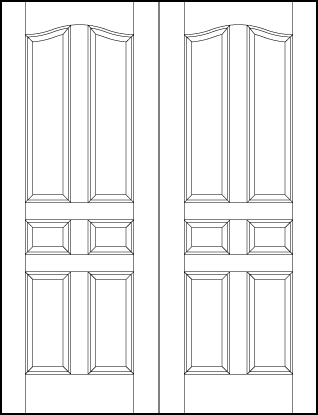 pair of stile and rail front wood doors with two tall arch top panels, two small squares, and vertical bottom panels