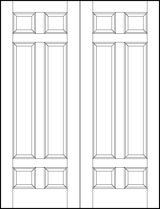pair of stile and rail front entry wood doors with two small squares on the top and bottom and tall center sunken panels