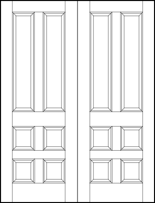 pair of custom panel front entry doors with four square bottom sunken panels and two top vertical sunken panels