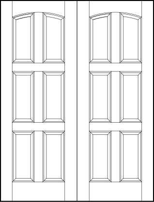 pair of custom panel front entry doors with six horizontal equal sunken panels with slight arch top