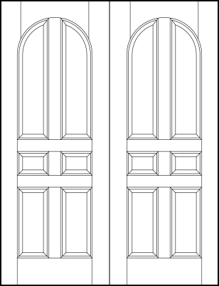 pair of custom panel front entry doors with six vertical sunken panels and half circle top arch