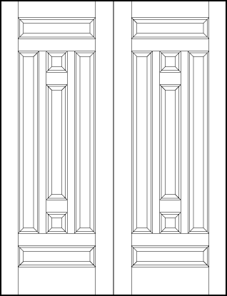 pair of custom panel front entry doors with seven sunken panels two horizontal on top and bottom and two small squares