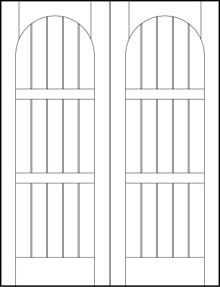 pair of v groove interior doors with barn style look with 15 vertical slat and four horizontal look with radius-top arch
