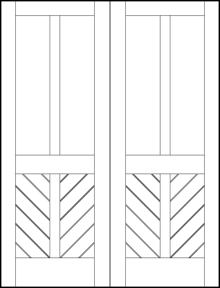 pair of v groove front entry doors with large top panel and chevron pattern on the bottom and cross in center