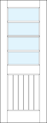 front entry panel doors with glass top and small bottom with vertical slats and three horizontal true divided lites