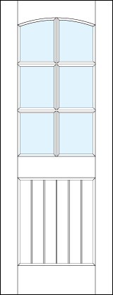 front entry raised panel doors with glass with bottom slatted panel and arched top & six section true divided lites