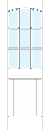 front entry raised panel doors with glass with bottom slatted panel and arched top & nine section true divided lites