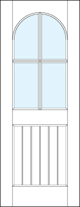 front entry raised panel doors with medium raised slatted bottom and half circle glass top and cross true divided lites