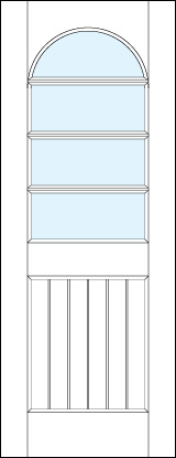 front entry raised panel doors with medium raised slatted bottom and half circle glass top and three true divided lites
