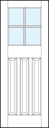 front entry panel doors with glass top, three bottom vertical raised panels and cross true divided lites