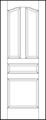 front entry flat panel door two vertical slight arch top panels, horizontal center and square bottom sunken panels