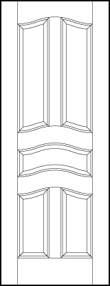 stile and rail front entry wood doors with two top tall, center and two medium vertical bottom sunken arched panels