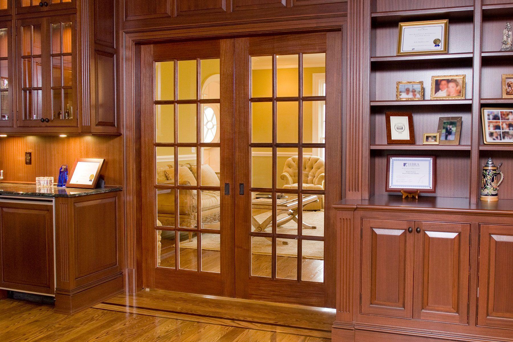 wooden interior study double french doors